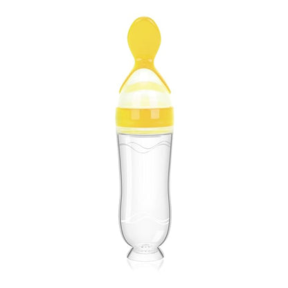 Baby Food Feeder Silicone Baby Food Dispensing Spoon-WAJIAYON, 3 oz Squeeze Feeding Spoons with Suction Cup for Boys Girl Kids Toddlers - Self Feeding Bottle Spoon -Yellow