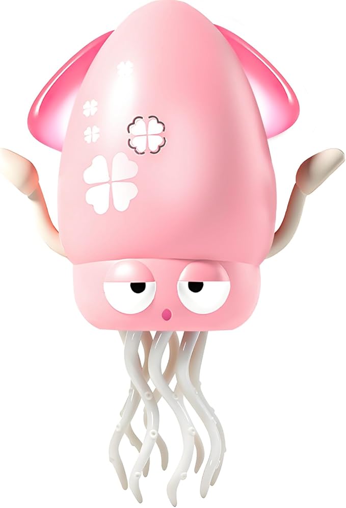 Pbooo Magic Dancing Octopus Toy, Electric Crawling with LED Lights and Music, Rechargeable Music Squid Baby Toy for 3-6 Year Olds, Tummy Time and Toddler Walking Toy, Birthday Gift, Light Pink