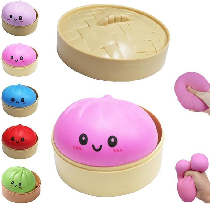 Dumpling Squishies, Glitter Dumpling, Glitter Dumplings Squishy with Box, Dumplings Sensory Squeeze Toy for Stress Relief Stretchy Desk Toys (Pink)