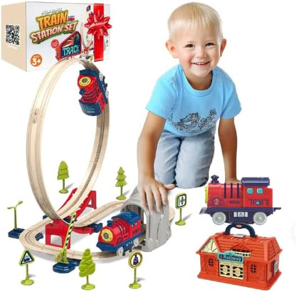 Electric Train Set for Toddlers 2-4 Kids Ages 3-5 - Railway Station with Loop, Bridge & Signs - DIY Montessori Educational Fun Trains Toy for Boys Girls Birthday Gift Train Set