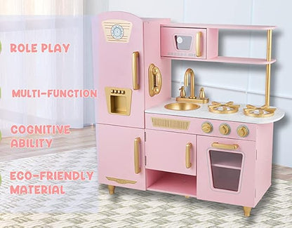Kitchen Playset for Kids Ages 3-8, Wooden Pretend Play Kitchen, Including Telephone, Ice Maker, Refrigerator, Dimensions: 35” H x 31” W x 12” D (Pink)