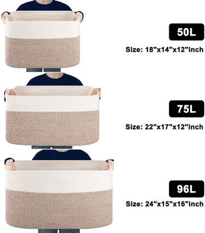Blanket Basket, Cotton Rope Woven Storage Basket for Living Room, Toy Bin for Kids, Nursery, Baby Room Decorative Organizer, 18''×14''×12'', Brown & White