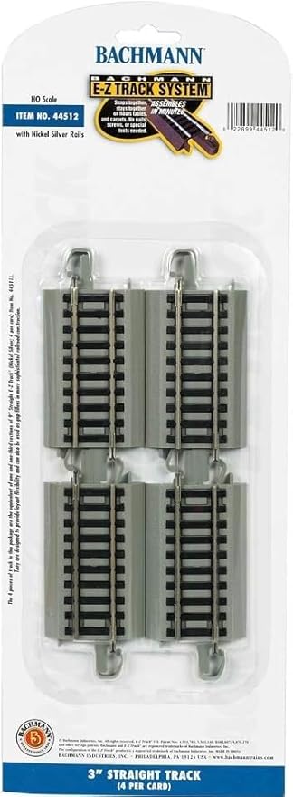 Bachmann Trains - Snap-Fit E-Z TRACK 3” STRAIGHT TRACK (4/card) - NICKEL SILVER Rail With Gray Roadbed - HO Scale