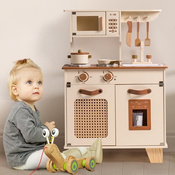 ROBUD Kids Kitchen Playset, Mocha Montessori Wooden Play Kitchen with Ice Dispenser, Pretend Toddlers Kitchen Toy with Accessories, Baby Gift for Ages 3 4 5 6 7 8