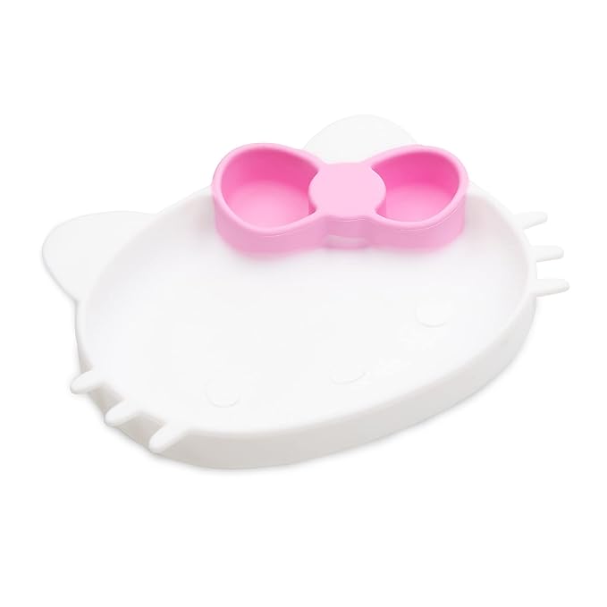 Bumkins Toddler and Baby Suction Plate, Silicone Grip Dish, Baby Led Weaning, Kids Feeding Supplies, Non Skid Sticky Bottom, Platinum Silicone, for Children Ages 6 Months Up, Hello Kitty