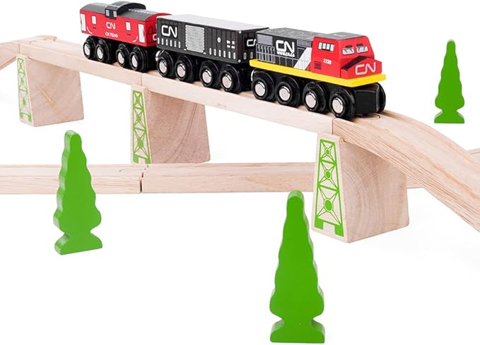 Bigjigs Rail Wooden CN Train - 1 Engine, 2 Carriages & 2 Track Pieces, Kids Train Toy Accessories, Toddler Railway Sets, Trains with Magnetic Couplings, for 3+ Year Old