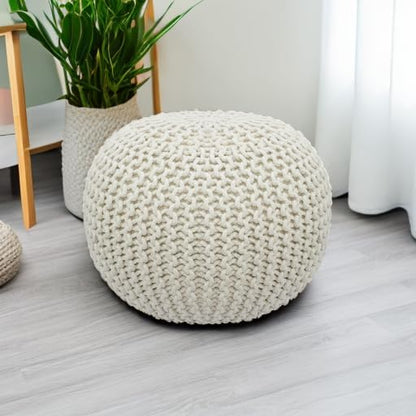 COTTON CRAFT Round Dori Pouf - Cotton Braid Cord Cable Knitted Ottoman - Foot Stool Footrest Floor Pouf Accent Furniture Bean Bag - Living Room Dorm Décor - 20.5 Dia x 13.5 High - Round Ivory Cream
