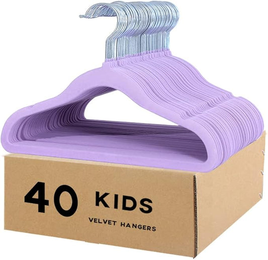 Kids Velvet Clothes Hangers, Non Slip Baby Hangers Purple(11.6" Inch - 40 Pack)