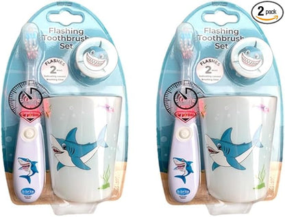 Lily's Home Kids Flashing Timer Toothbrush Kids with Soft Bristles, Rising Cup & Cover - Fun 2-Min Light-Up Brushing for Children - Toddler Toothbrush Soft Toothbrush Kit -(Shark)- Set of 2