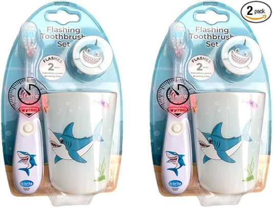Lily's Home Kids Flashing Timer Toothbrush Kids with Soft Bristles, Rising Cup & Cover - Fun 2-Min Light-Up Brushing for Children - Toddler Toothbrush Soft Toothbrush Kit -(Shark)- Set of 2