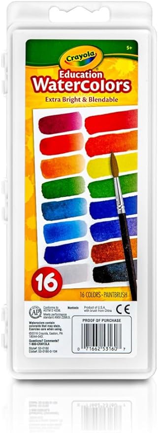 Crayola Watercolor Paint Set (16 Count), Washable Paint for Kids, 1 Paint Brush, Arts & Crafts Supplies, Assorted Colors, Ages 4+