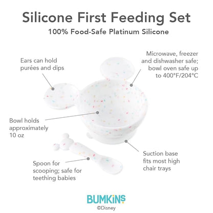 Bumkins Disney Baby Bowl, Silicone Feeding Set with Suction for Baby and Toddler, Includes Spoon, First Feeding Set, Essentials for Baby Led Weaning, Babies Eating 4 Months Up, Mickey Mouse Vanilla