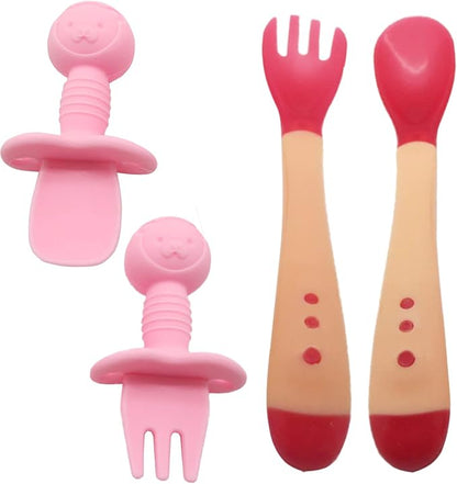 4 piece set of silicone spoon/fork and heat sensitive Baby Utensils Self Feeding Chewable Toddler Training