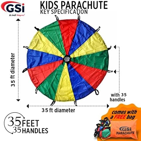 GSi Kids Play Parachute Rainbow Parachute Toy Tent Game for Children Gymnastics Cooperative Play and Outdoor Playground Activities (35 Feet)