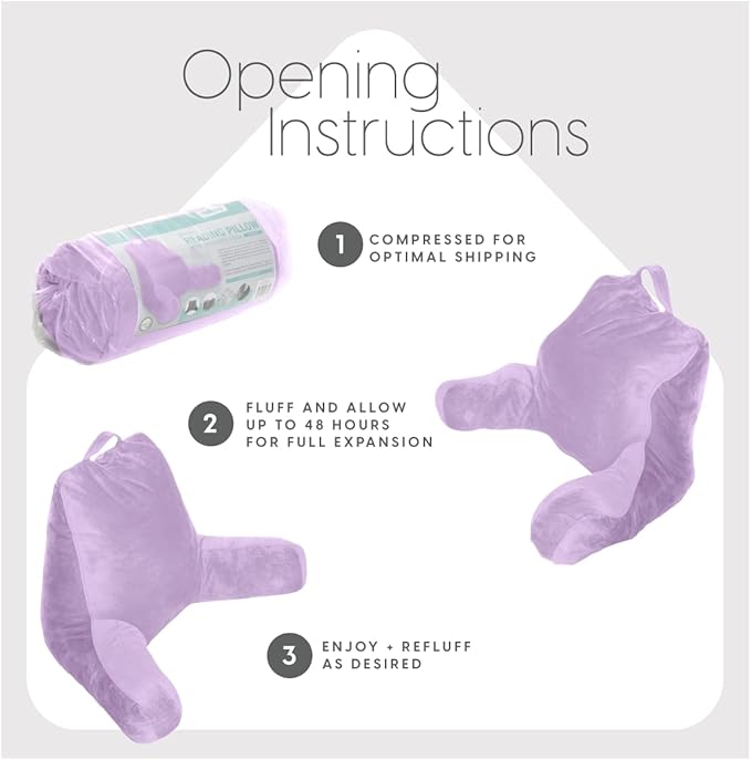 Milliard Reading Pillow with Shredded Memory Foam, Large Adult Backrest with Arms, Back Support for Sitting Up in Bed with Washable Cover (Sit up Pillow) (Lavender)