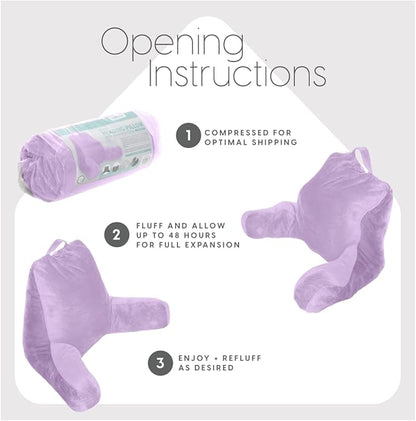 Milliard Reading Pillow with Shredded Memory Foam, Large Adult Backrest with Arms, Back Support for Sitting Up in Bed with Washable Cover (Sit up Pillow) (Lavender)