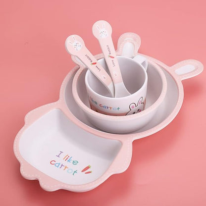 Bamboo Kids Dinnerware Set 5 Pcs Includes Plate Bowl Cup Fork Spoon Perfect for Kids BPA-Free (Rabbit)