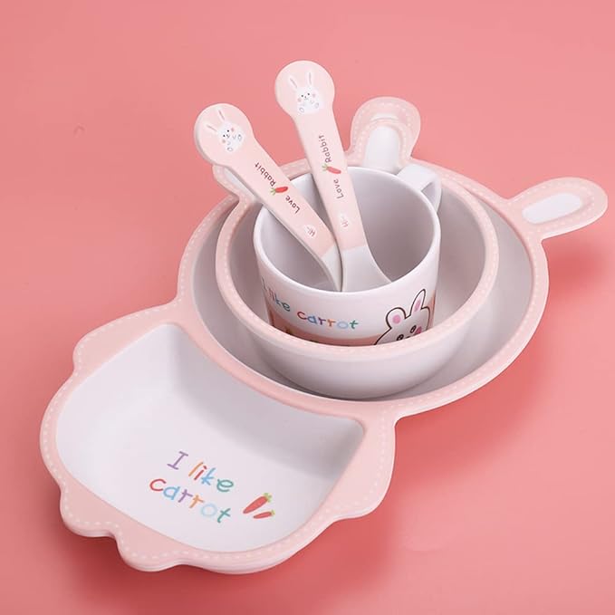 Bamboo Kids Dinnerware Set 5 Pcs Includes Plate Bowl Cup Fork Spoon Perfect for Kids BPA-Free (Rabbit)
