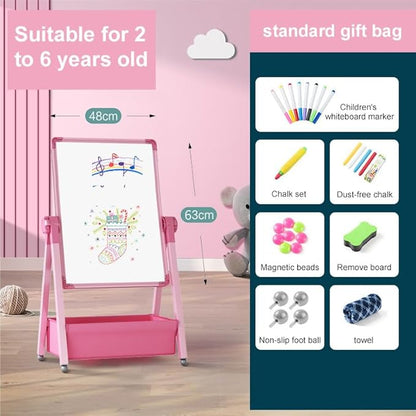 Harmoniousplay Kids Double Sided Easel Double Sided Magnetic Whiteboard and Chalkboard Adjustable Height Art Easel Ages 2 and Up (Pink)