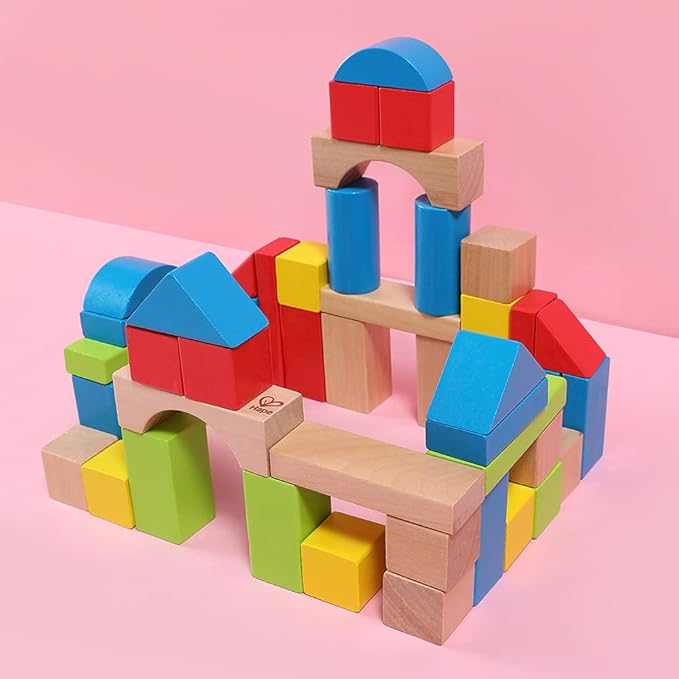 Hape Maple Wood Kids Building Blocks Stacking Wooden Block Educational Toy Set for Toddlers, 50 Brightly Colored Pieces in Assorted Shapes and Sizes
