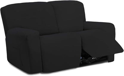 Easy-Going 6 Pieces Microfiber Stretch Sectional Recliner Sofa Slipcover Soft Fitted Fleece 2 Seats Couch Cover Washable Furniture Protector with Elasticity for Kids(Recliner Loveseat, Black)