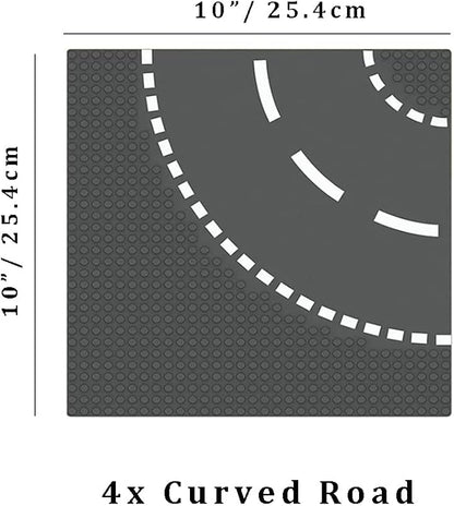 Classic City Street Baseplates 10” x 10” Building Brick Block Highway Race Track Base Plate Toy Kit, Compatible with Lego, 2 Straight + 4 Curved Road Baseplates