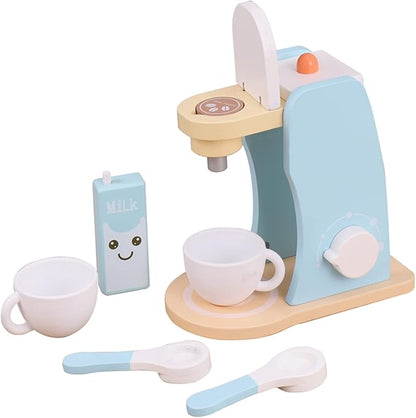 Wooden Coffee Maker Set Play Kitchen Accessories, Encourages Imaginative Playset Pretend Play Game for 3 4 5 6 7 Years Old Boys Girls, Early Education Coffee Machine for Kids Birthday Gift, 7 Pieces