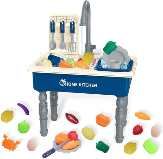 Play Kitchen Sink Toys with Running Water, Toddler Electric Dishwasher Playing Toy with Cutting Foods, 33 PCS Pretend Role Play Accessories Set, Learning Gift for Girls Boys (Blue)