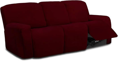 Easy-Going 8 Pieces Microfiber Stretch Sectional Recliner Sofa Slipcover Soft Fitted Fleece 3 Seats Couch Cover Washable Furniture Protector with Elasticity for Kids Pet(Recliner Sofa, Wine)