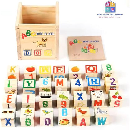 Ricky & Nicky Early Learning ABC/123/Shapes/Patterns 1-Inch Blocks Set With Storage Wooden Box (26 pcs) - Letters And Numbers/ABC Classic Wooden Blocks For Toddlers And Kids Ages 3+