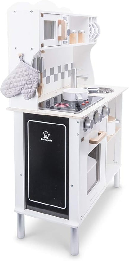 New Classic Toys Wooden Pretend Toy Kitchen for Kids with Role Play Bon Appetit Electric Cooking Included Accesoires Makes Sound, Modern White