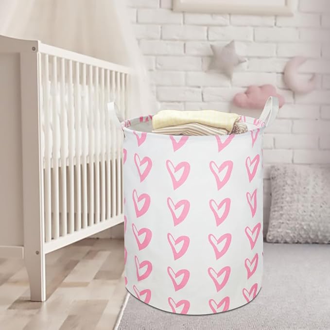 CLOCOR Pink Laundry Basket,Waterproof Baby Girls Nursery Hamper, Girls' Room Decor,Kids Toys Storage Bin,Gift Basket（Pink Heart