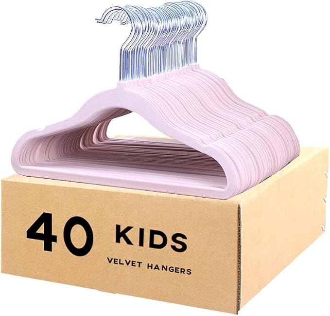 Kids Velvet Clothes Hangers, Non Slip Baby Hangers Pink (11.6" Inch - 40 Pack)