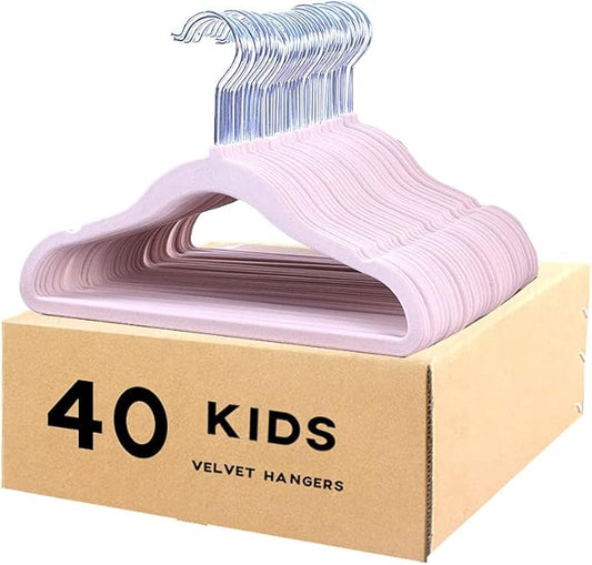 Kids Velvet Clothes Hangers, Non Slip Baby Hangers Pink (11.6" Inch - 40 Pack)