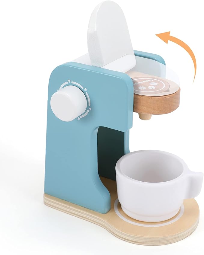WHOHOLL Kids Coffee Maker Playset, Wooden Kitchen Toy Coffee Maker for Kids, Toddler Pretend Play Kitchen Accessories, Play Coffee Maker Wooden Toys, Espresso Machine Playset Gifts for Girls Boys