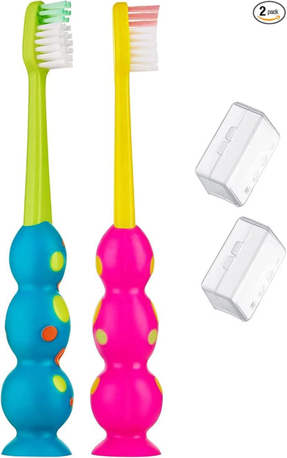 Trueocity Kids Toothbrush 2 Pack - Soft Contoured Bristles - Child Sized Brush Heads (3-10 Year Old) - Suction Cup for Fun & Easy Storage - Girl & Boy Set (2-Pack, Multi-Color)