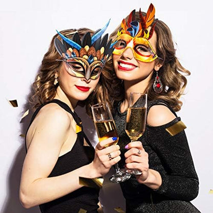 Blulu Mardi Gras Masks Paper Carnival Parade Faux Feather Face Masks Masquerade Party New Orleans Novelty Decorations Fantasy for Women Man Costume Party Favors
