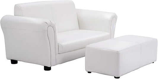 Costzon Kids Couch with Footstool, 2 in 1 Double Seat Children's Sofa w/PU Leather Surface, Armrest Chair Lounge, Soft Kids Sofa for Preschool Bedroom Kids Room Toddlers Boys Girls Birthday (White)