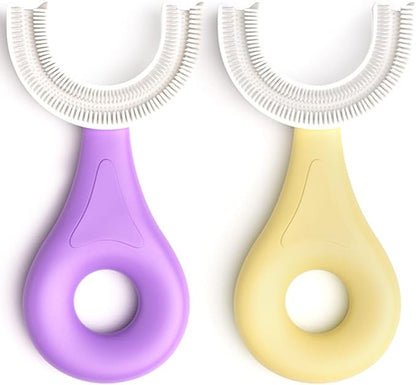 YOTEE U-Shaped Toothbrush Kids 2 PCS - Toddler Toothbrush with Food Grade Soft Silicone Brush Head, Manual Whole Mouth Toothbrush for Kids Age 2-6(Purple+Yellow), 360° Oral Teeth Cleaning