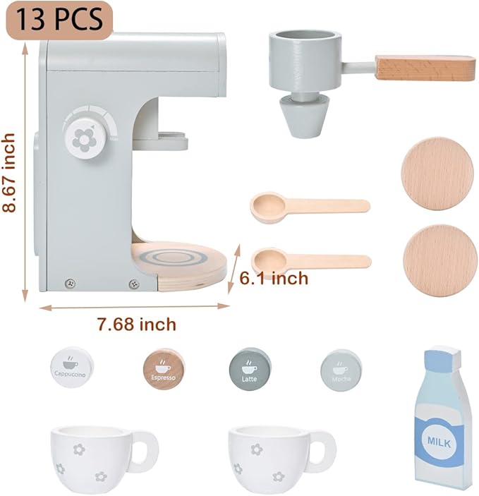 Kids Wooden Toys Toddler Pretend Play Kitchen Accessories Coffee Maker Espresso Machine Playset Montessori Kitchen Toy Gift for Girls and Boys