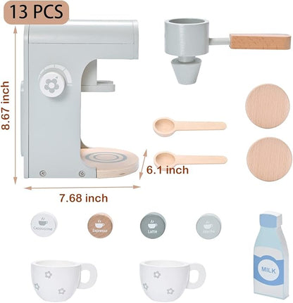 Kids Wooden Toys Toddler Pretend Play Kitchen Accessories Coffee Maker Espresso Machine Playset Montessori Kitchen Toy Gift for Girls and Boys