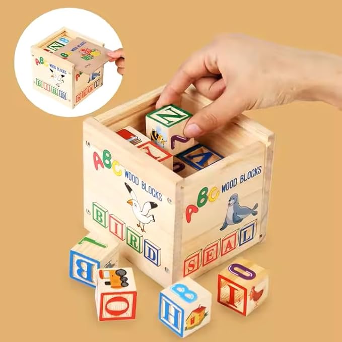 Ricky & Nicky Early Learning ABC/123/Shapes/Patterns 1-Inch Blocks Set With Storage Wooden Box (26 pcs) - Letters And Numbers/ABC Classic Wooden Blocks For Toddlers And Kids Ages 3+