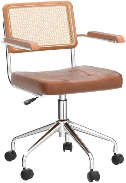 Zesthouse Modern Home Office Chair Leather Desk Chair with Natural Rattan Back, Vanity Chair for Girls Women, Upholstered Tufted Swivel Armchair, Height Adjustable Computer Task Chair