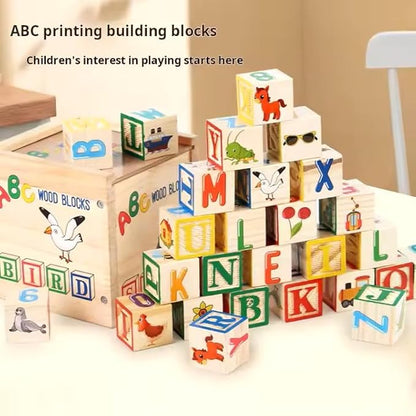 Ricky & Nicky Early Learning ABC/123/Shapes/Patterns 1-Inch Blocks Set With Storage Wooden Box (26 pcs) - Letters And Numbers/ABC Classic Wooden Blocks For Toddlers And Kids Ages 3+