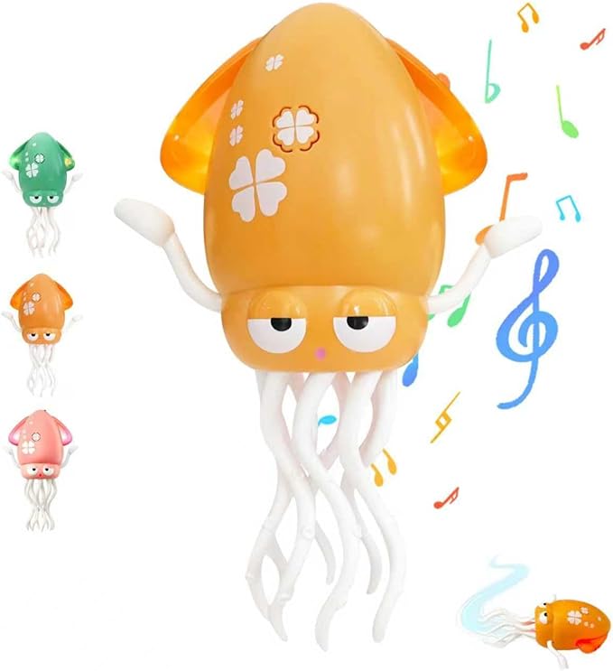 Dancing Octopus Baby Toy – USB Rechargeable Electric Crawling Tummy Time Toy, Magical Musical Squid with LED Lights, Music & Obstacle Avoidance – Birthday Gift for Kids Ages 3Y+ (Yellow)