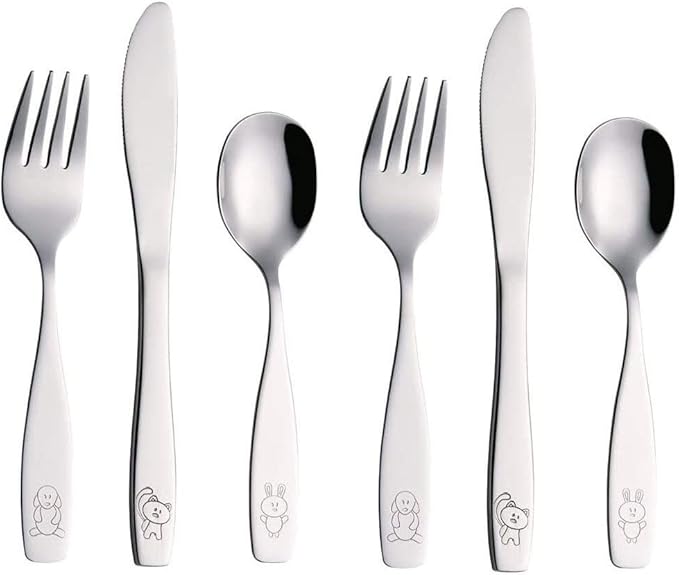 ANNOVA Children's Flatware 6 Pieces Set - Stainless Steel Cutlery/Silverware 2 x Safe Forks, 2 x Dinner Knife, 2 x Dinner Spoon - Safe Kids Toddler Utensils Lunch Box (Engraved Dog Cat Bunny)