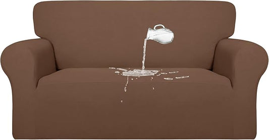 PureFit 100% Dual Waterproof Couch Cover Slipcovers for Couches and Sofas - Stretch Non Slip Fleece Sofa Covers Washable, Leakproof Furniture Protector for Kids, Pets, Dog (Loveseat, Brown)