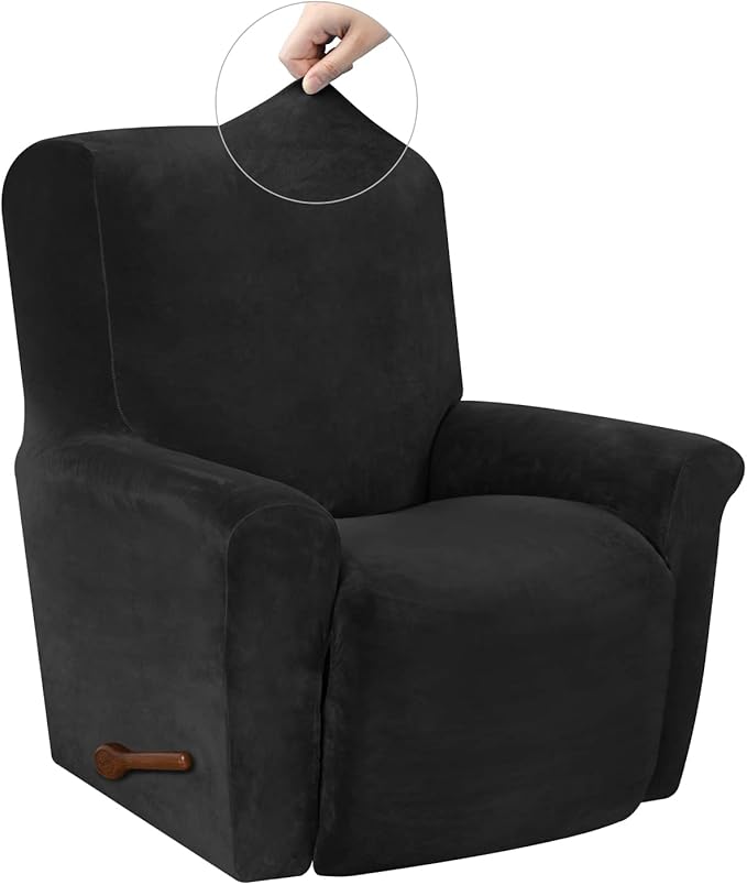 WEERRW Velvet High Stretch Recliner Chair Cover 1 Piece Recliner Couch Cover, Washable Furniture Protector with Non Slip Elastic Bottom for Kids and Pets, Black