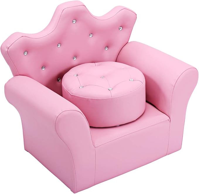 Costzon Kids Sofa, Children Upholstered Sofa with Ottoman, Princess Sofa with Diamond Decoration, Smooth PVC Leather Toddler Chair, Kids Couch for Boys and Girls, Gift for Toddlers (Pink)