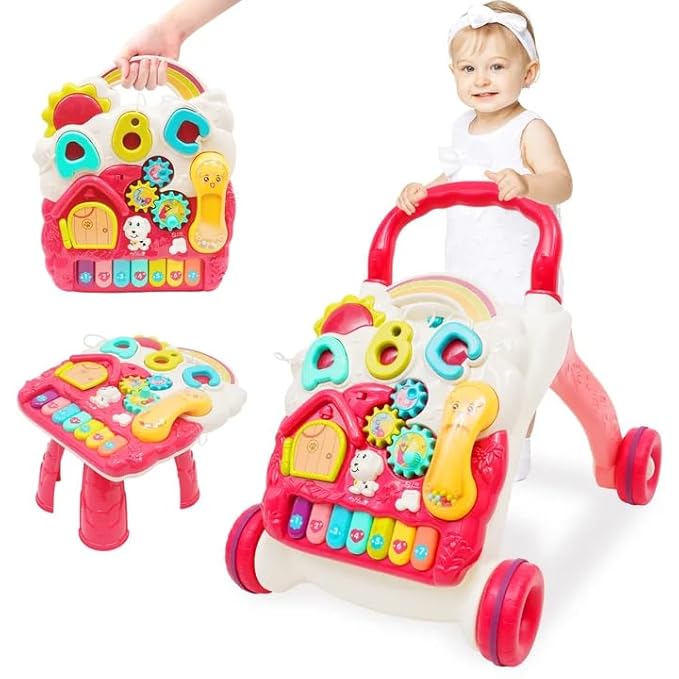 Sit-to-Stand Learning Walker 3 in1 Baby Walker Early Education Activity with Weight Gain Design Sounds Music Phone Multifunctional Removable Play Panel Educational Push Toy Gift for Boys Girls（Pink）